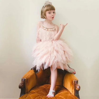 Kids Girls Elegant Feather Tassels Wedding Party Dresses childrensterritory