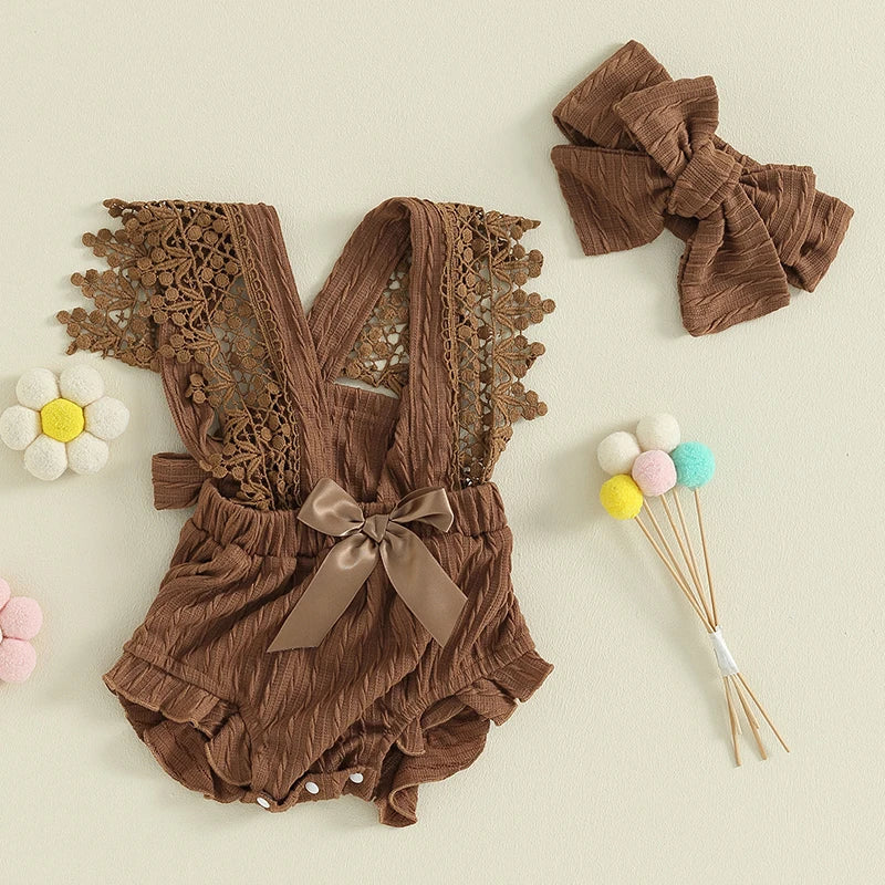 Baby Girl Cotton Linen Bow-knot Sleeveless Romper