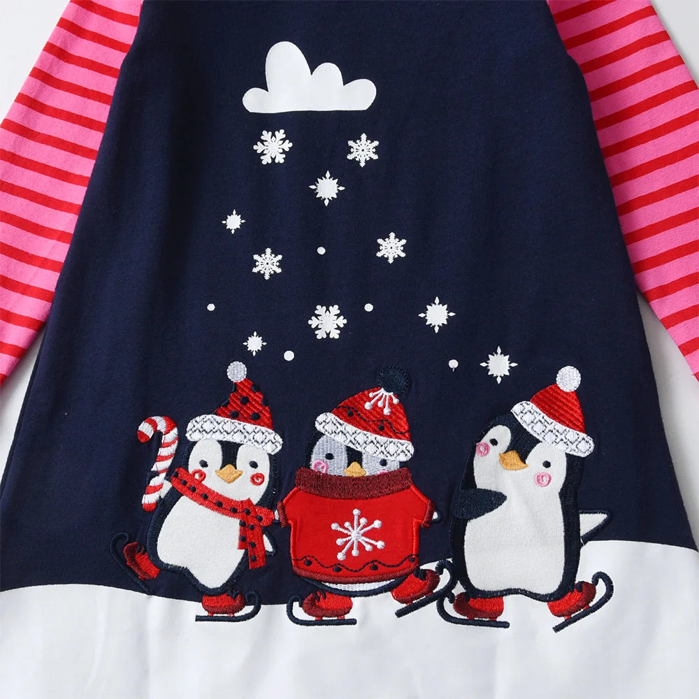 Girls Casual Printed Penguin Snowflakes Christmas Dress childrensterritory