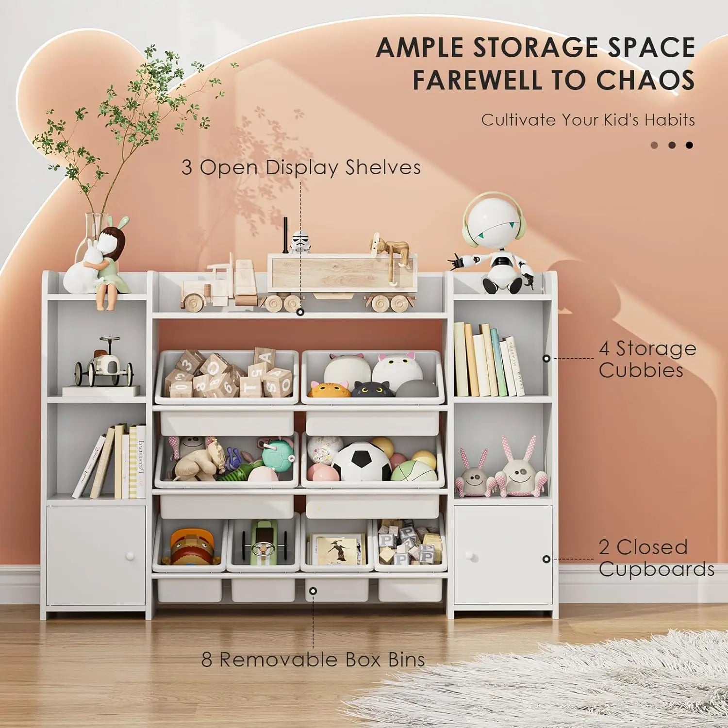 55-inch Toy Storage Organizer Featuring 8 Toy Bins and Shelves childrensterritory