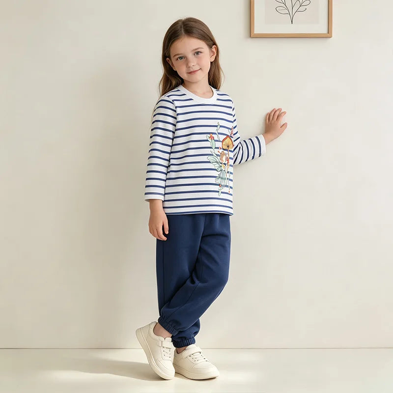 Round Neck Long Sleeves Cartoon Print Cotton Tops For Girls