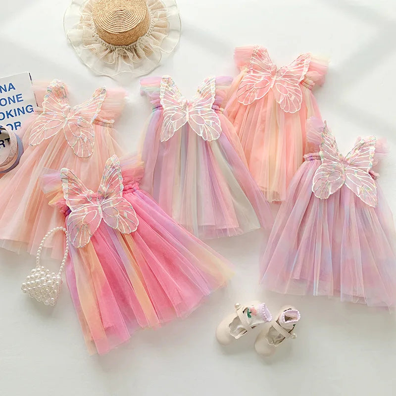 Little Girls Rainbow Stereoscopic Wings Design Summer Princess Dresses childrensterritory