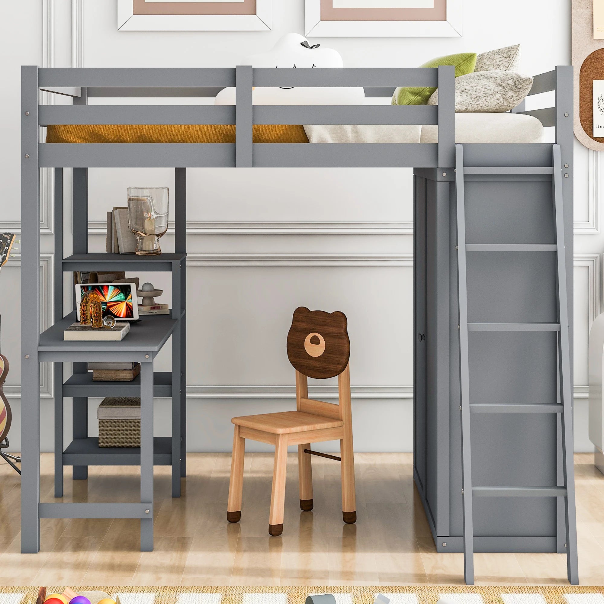 Loft Bed Made of Wood with Desk and Wardrobe for Bedroom childrensterritory