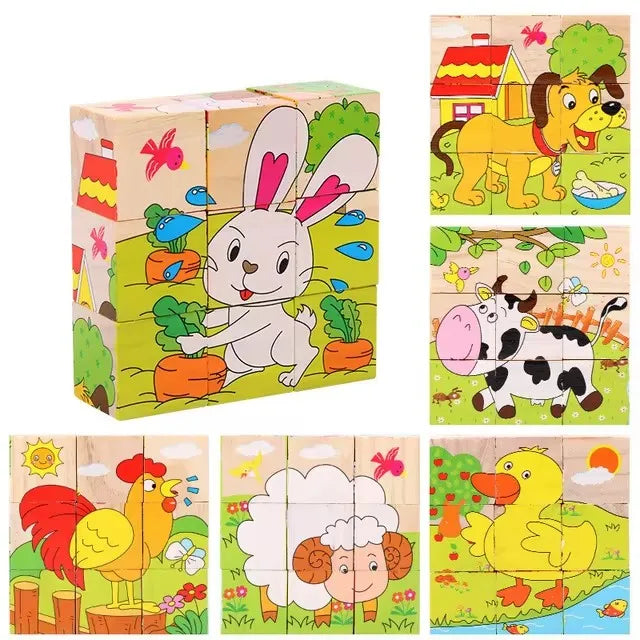 Kids Six Side Cube Jigsaw Wooden Blocks Toys