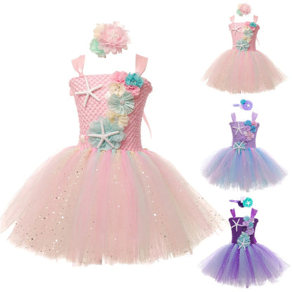 Kids Girls Mermaid and Starfish Design Tutu Party Dresses