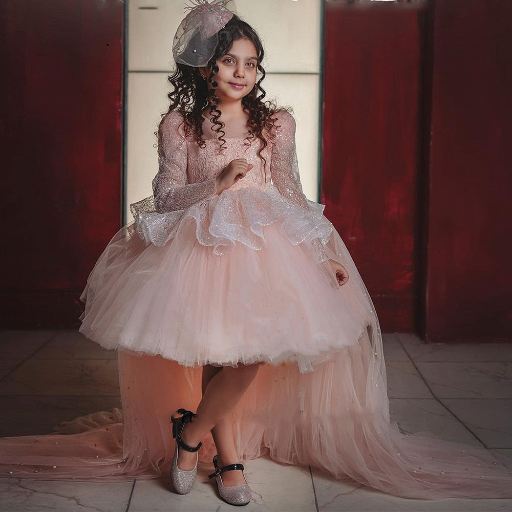 Elegant Pink Pearls Tulle Party Gown with Big Bow for Girls childrensterritory