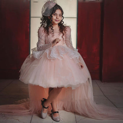 Elegant Pink Pearls Tulle Party Gown with Big Bow for Girls childrensterritory