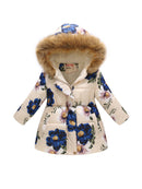 Kids Girls Cotton-Padded Flower Print and Fleece Hooded Jackets childrensterritory