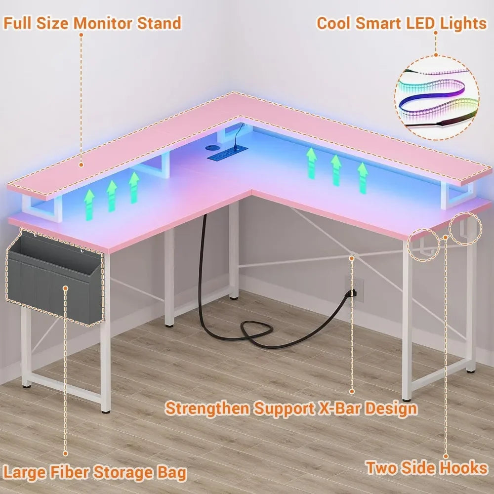 Corner Gaming Desk With LED Lights and Storage Shelves childrensterritory