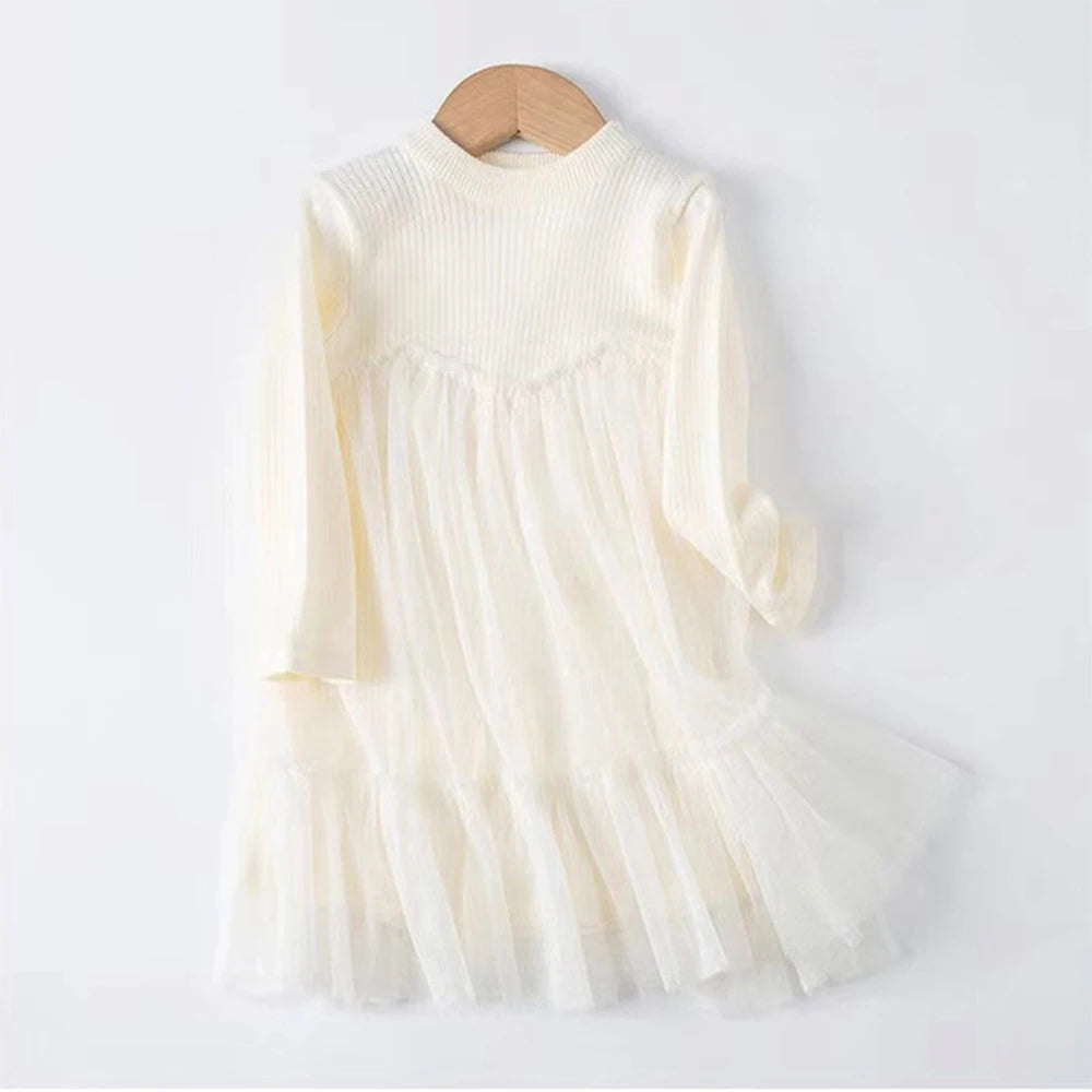 Knitted Mesh Splice Dresses for Little Girls with Round Neck childrensterritory