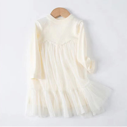 Knitted Mesh Splice Dresses for Little Girls with Round Neck childrensterritory