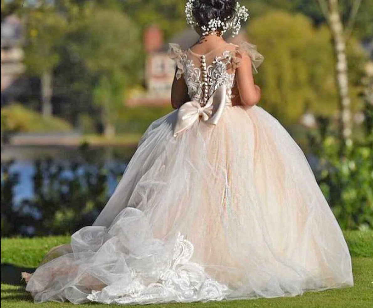 Kids Girls Backless Tutu Wedding Party Dresses with Long Train childrensterritory