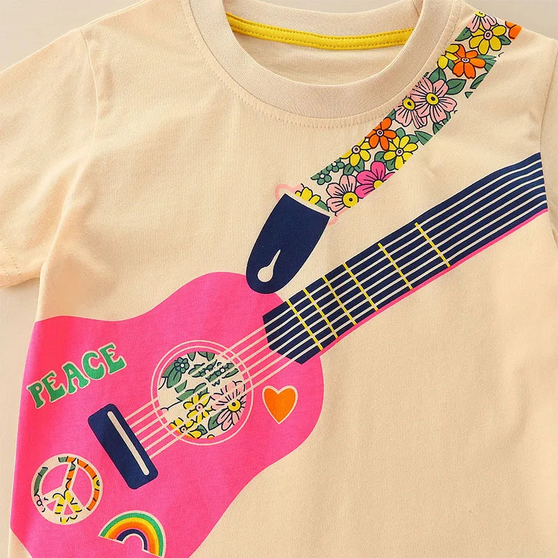 Guitar Print Summer Cotton Tops for Little Girls childrensterritory