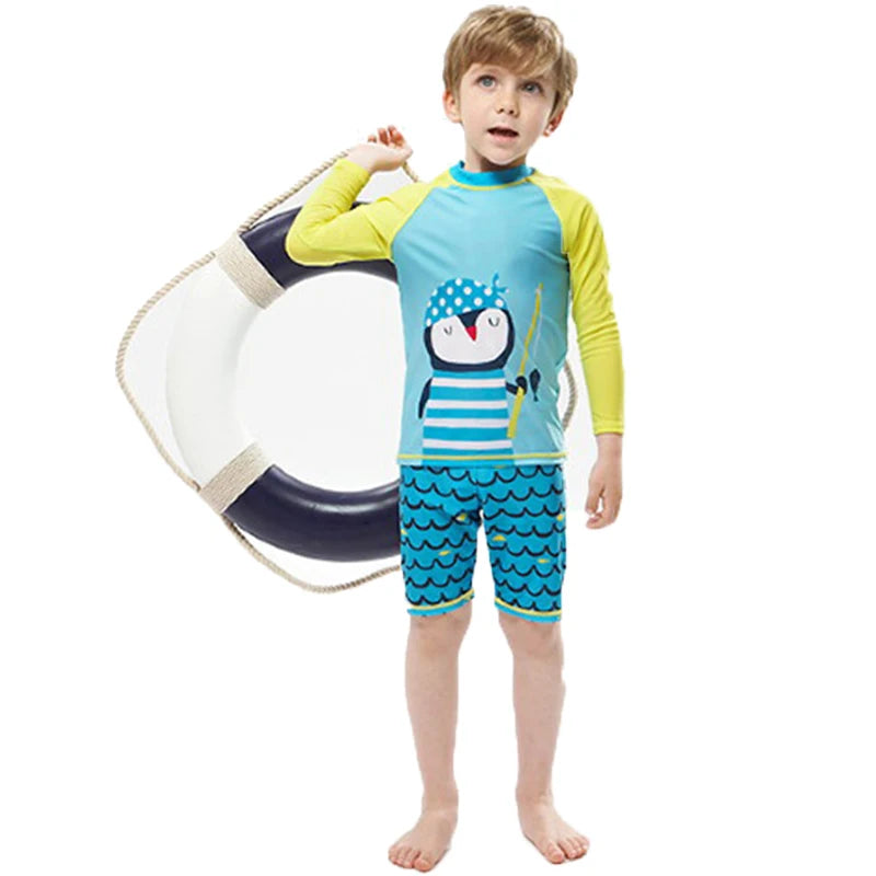 Kids Boys Cartoon Print Swimsuit With Swim Cap | Beach Wear