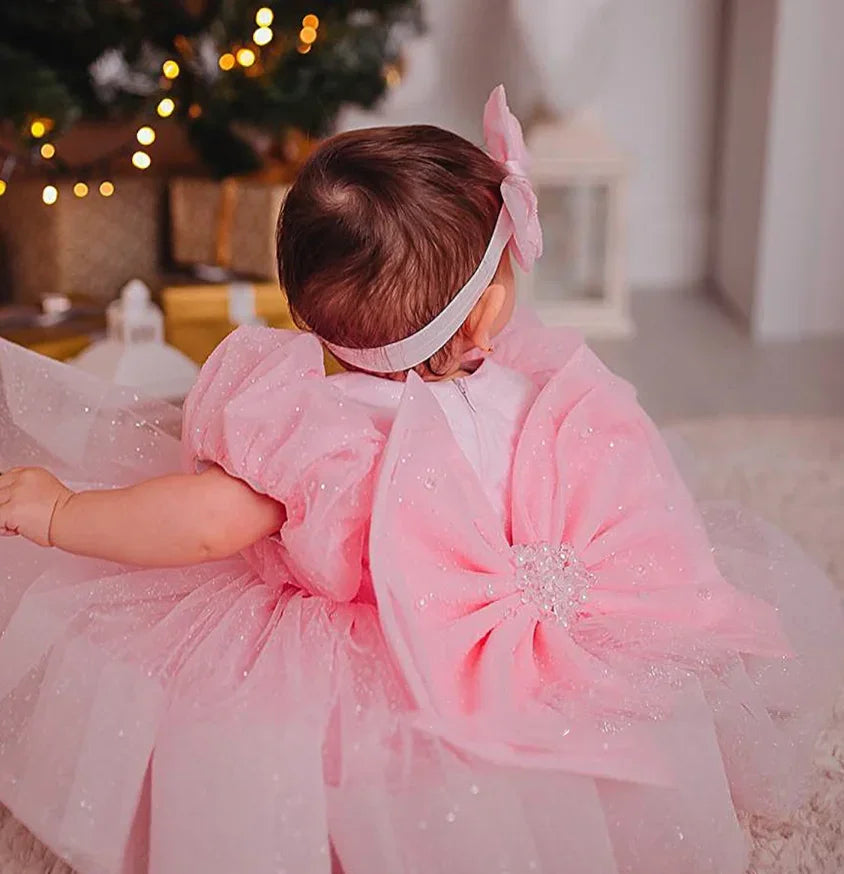 Little Girls Puffy Pink Big Bow Design Christening Dress