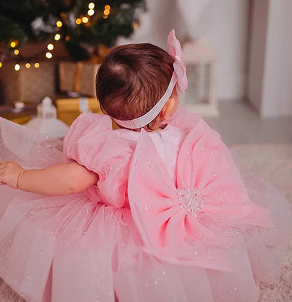 Little Girls Puffy Pink Big Bow Design Christening Dress