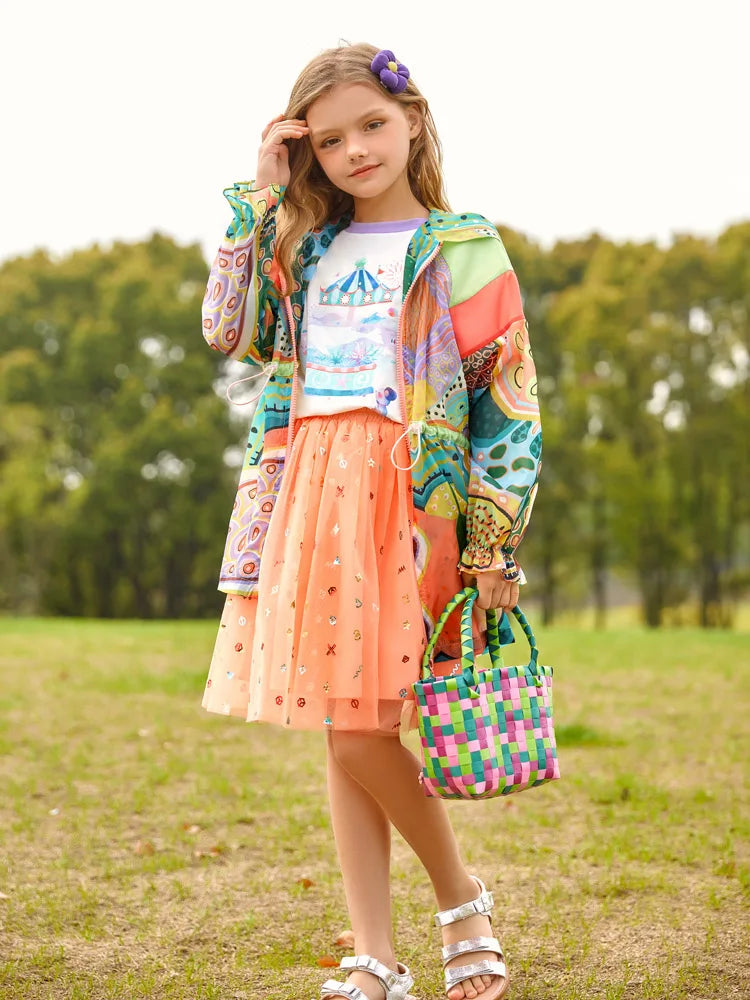 Kids Girls Tie Dye Print Thin Trench Coat and T-shirt childrensterritory