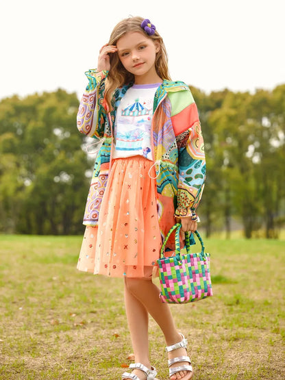 Kids Girls Tie Dye Print Thin Trench Coat and T-shirt childrensterritory