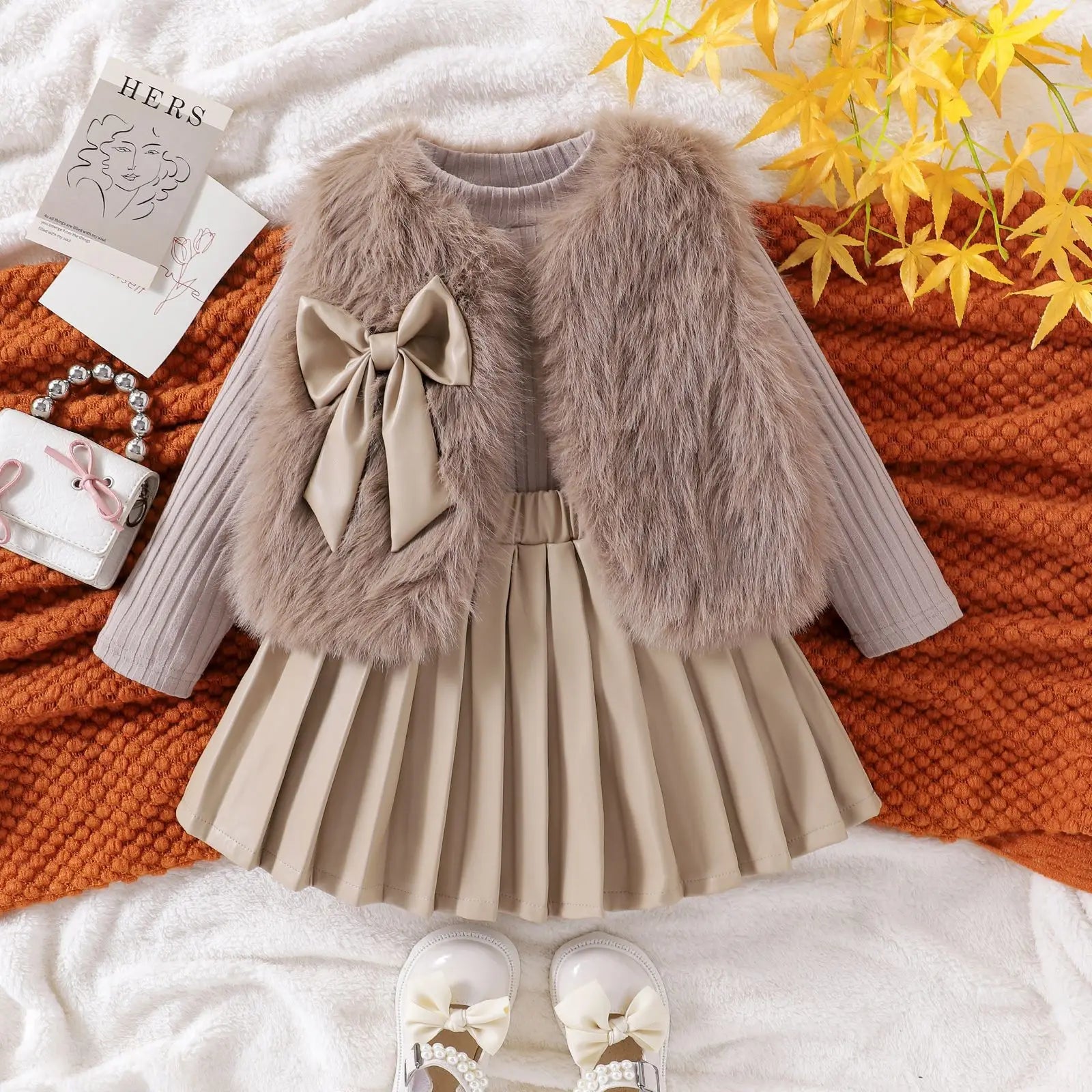 Girls' Long-Sleeved Bow Design Winter Outfit