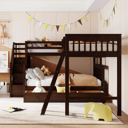 L-shaped Full Bunk Bed with Three Drawers and a Staircase
