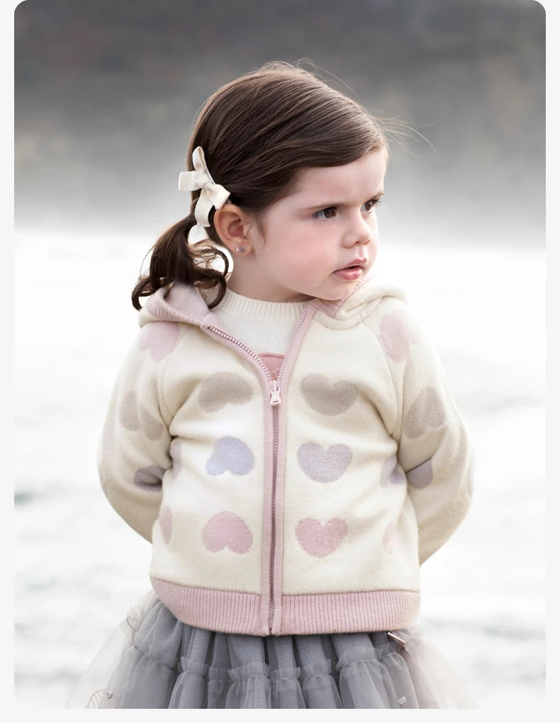 Kids Girls Heart Design Knitted Hooded Zipper Cardigan childrensterritory