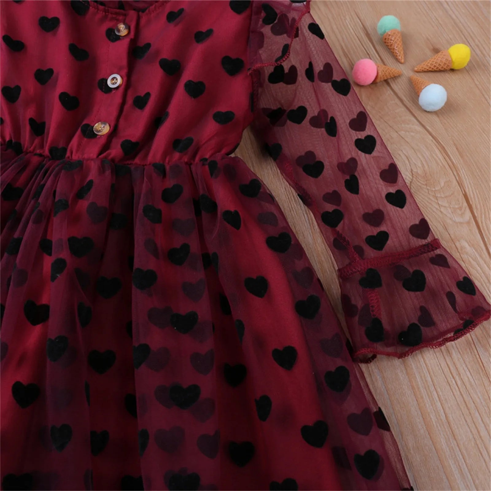 Kid Girl Mesh Yarn Heart Printed Party Dress