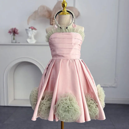 A-Line Little Girls Halter Neck Tiered Puffy Birthday Party Dress