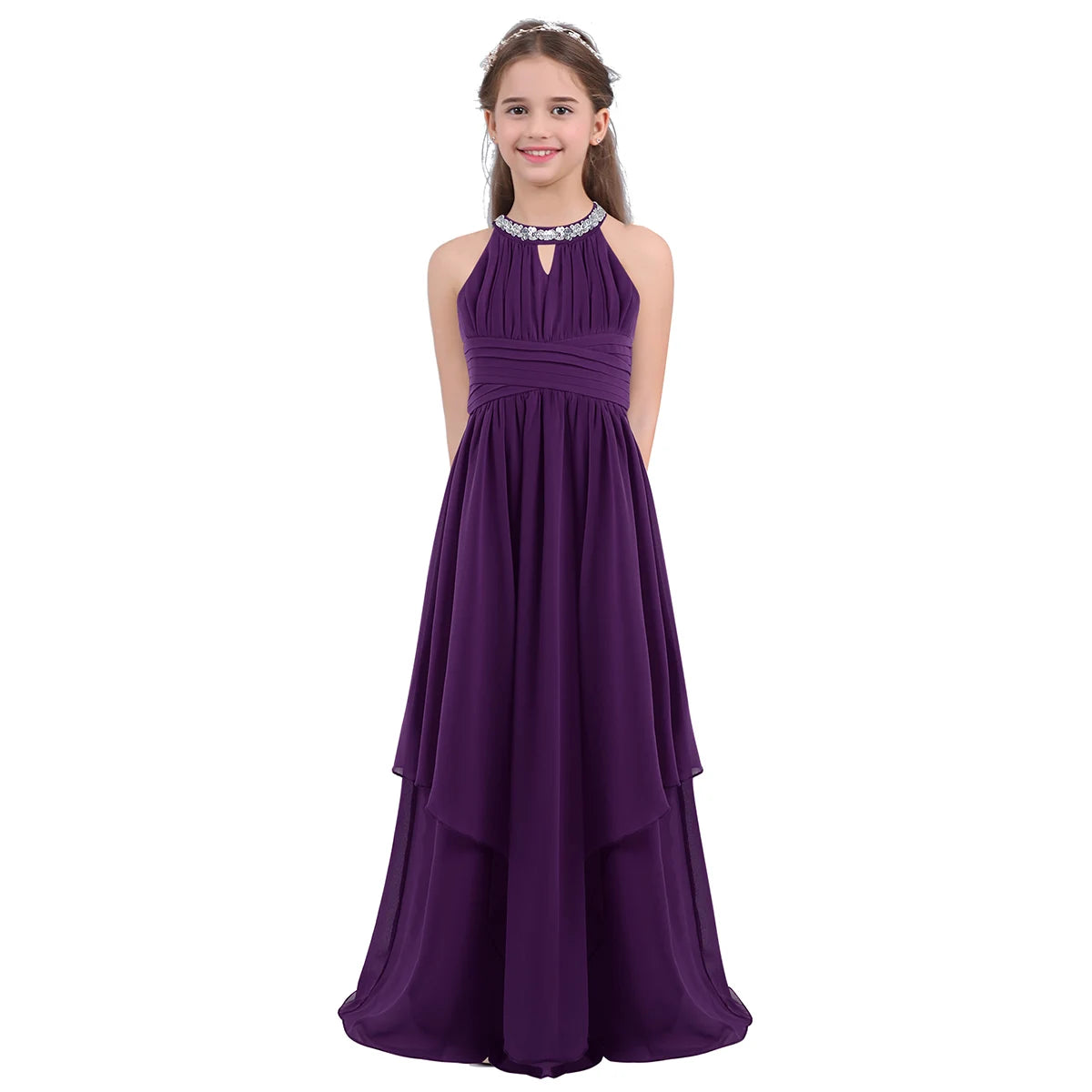 Kids Girls Halter Lace Design Chiffon Long Prom Ball Gowns childrensterritory