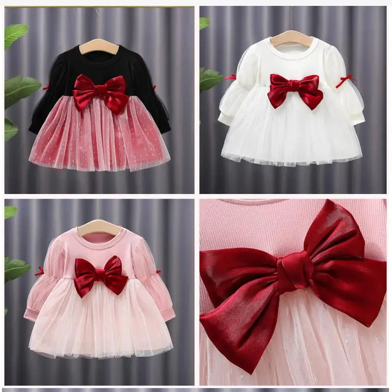 Girls' Long-Sleeved Bow Design Birthday Party Dresses