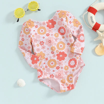 Little Girls Flower Print Long Sleeve Backless Tie-Up Swimsuit