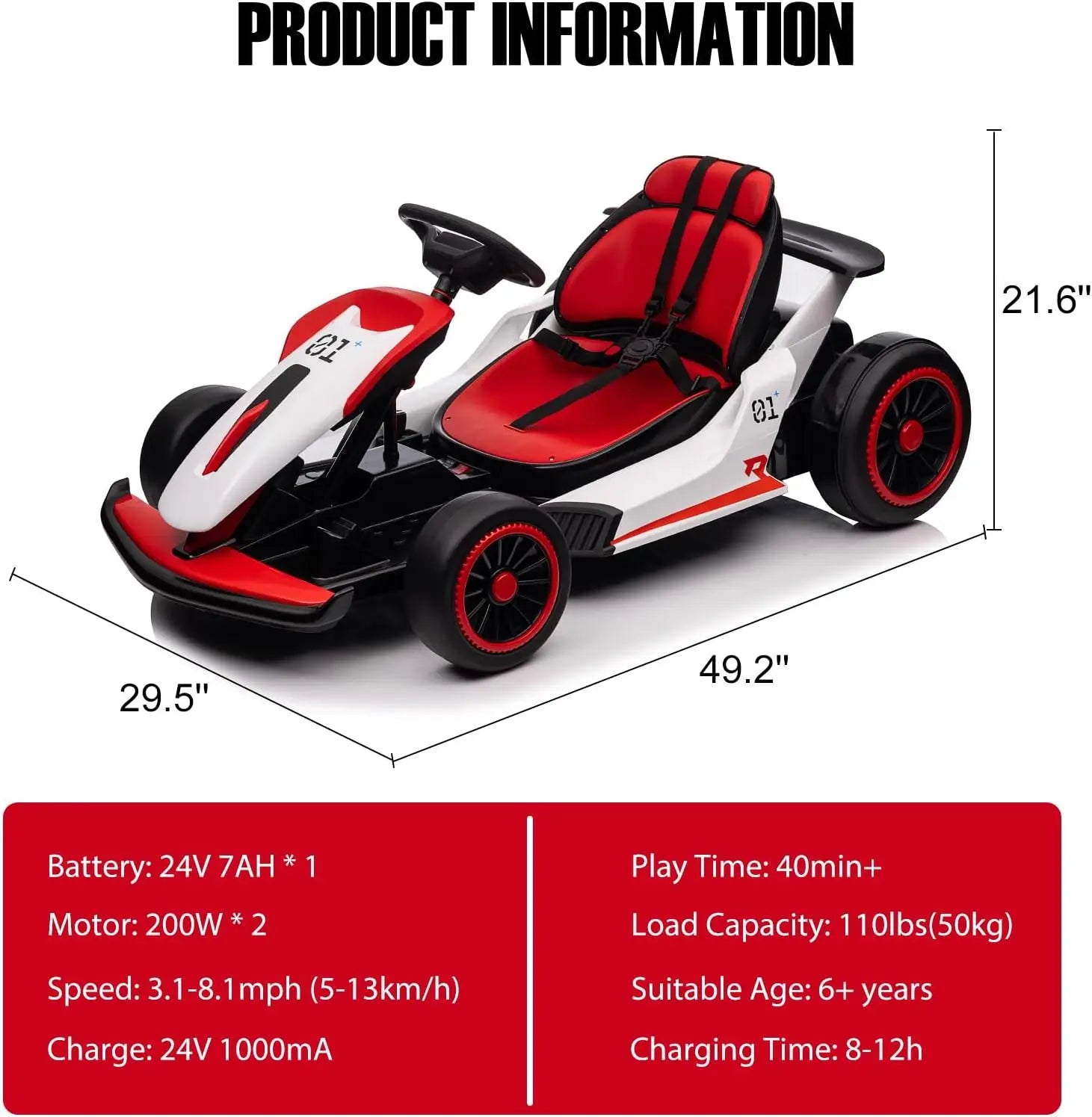 24V Electric Go Kart for Kids with Two 150W Motors 7Ah Battery