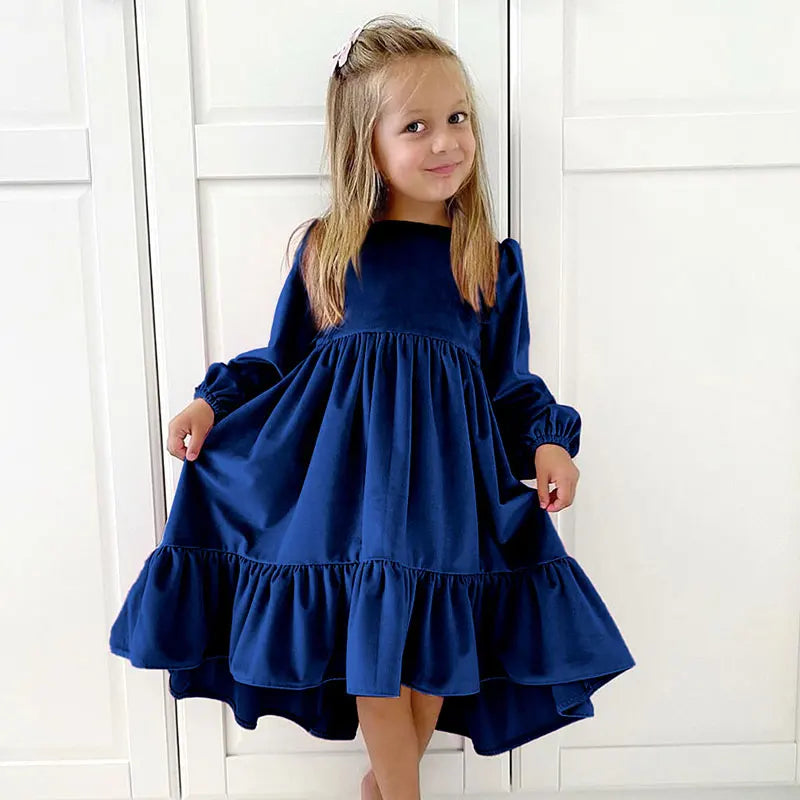 Kids Girls Velvet Long Sleeve Ruffle Hem Party Dresses