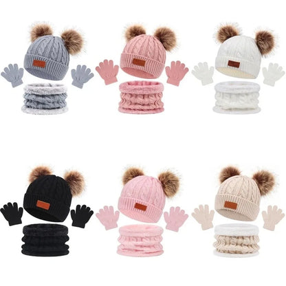 Toddler 3Pcs Cute Pompom Knitted Hats Scarf Gloves Set