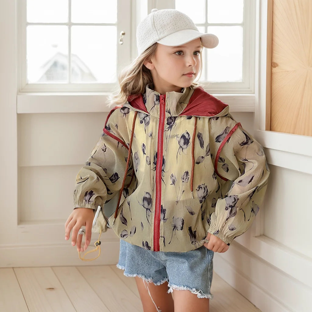 Young Girls Floral Pattern Hooded Jacket for All Season childrensterritory