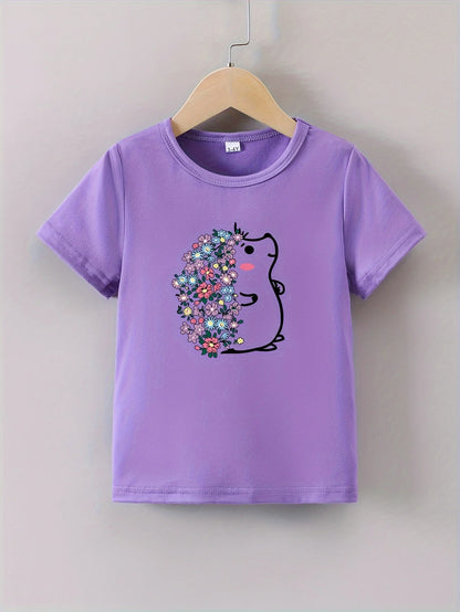 Short Sleeves Crew Neck Flower Printed T-Shirts For Girls childrensterritory