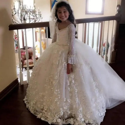 Floral Appliques Pearls Flower Girl Dress for Wedding, Communion childrensterritory