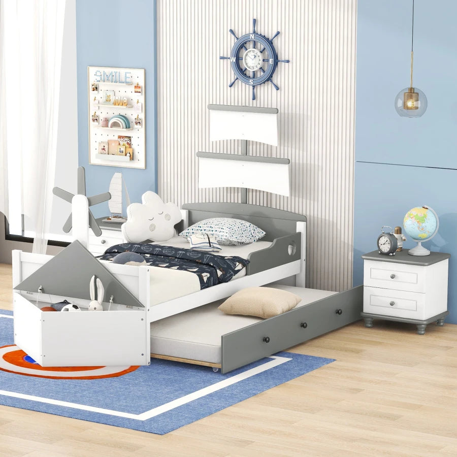 Boat-shaped Platform Bed with a Trundle, and Two Nightstands childrensterritory
