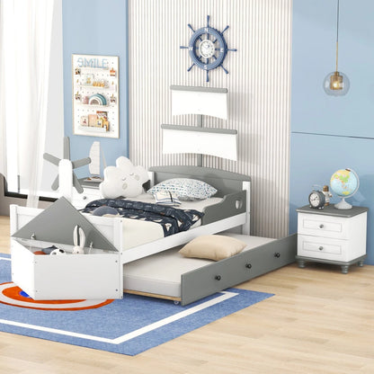Boat-shaped Platform Bed with a Trundle, and Two Nightstands childrensterritory