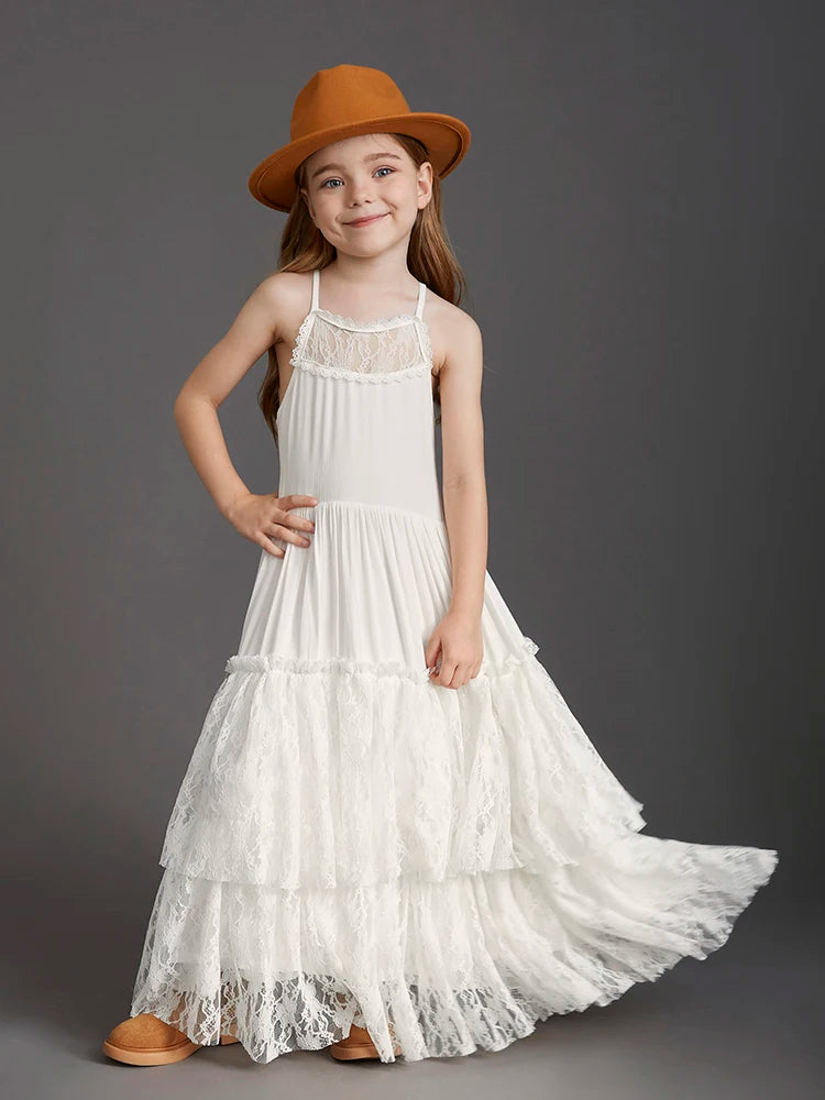 Girls Bohemia Lace Design Backless Chiffon Long Dresses childrensterritory