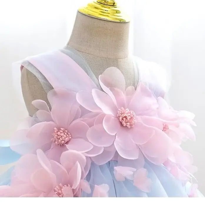 Girl Mesh Puffed Flower Design Light Color Birthday Dress
