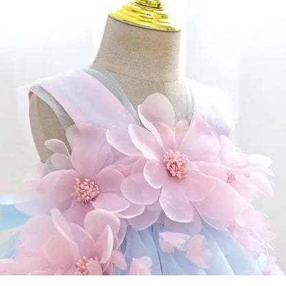 Girl Mesh Puffed Flower Design Light Color Birthday Dress