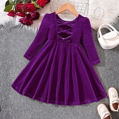 Girls’ Cozy Solid Color Long-Sleeve Winter Dresses childrensterritory