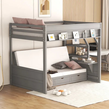 Full Size Convertible Wooden Bunk Bed with Storage Staircase childrensterritory