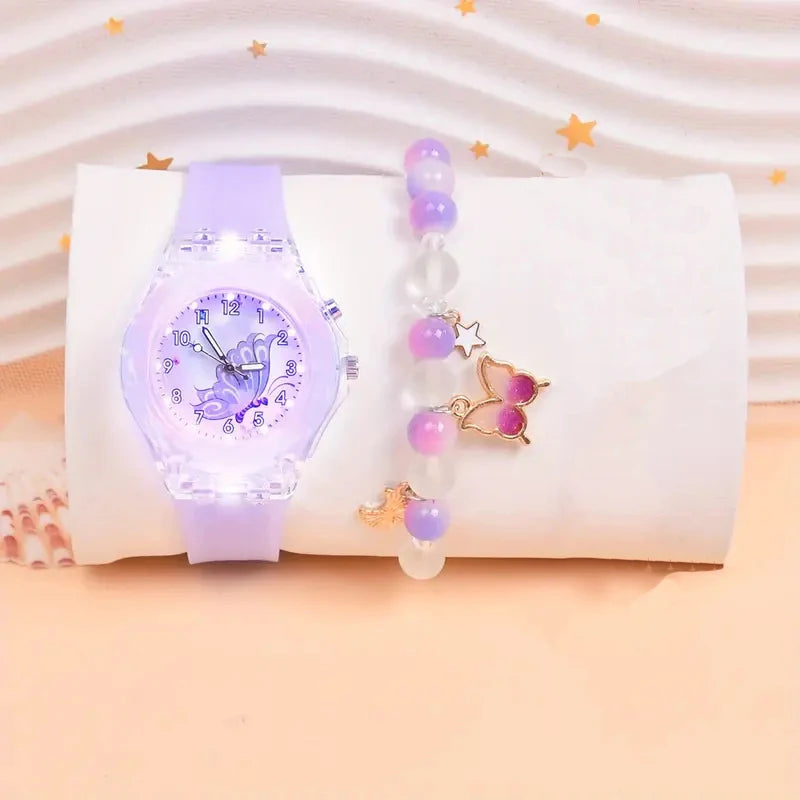 Girls' Butterfly Design Luminous Watch + Beaded Bracelet Set childrensterritory