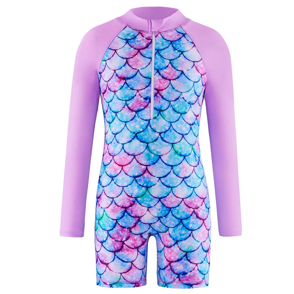 Unicorn and Floral Print Little Girls Zipper Swimsuits