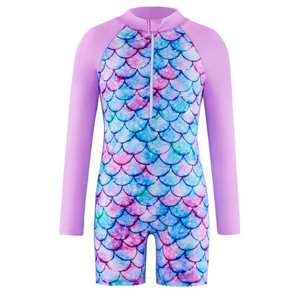 Unicorn and Floral Print Little Girls Zipper Swimsuits