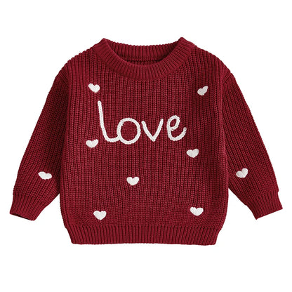 Baby Girl Heart Print Crew Neck Knitted Sweaters childrensterritory