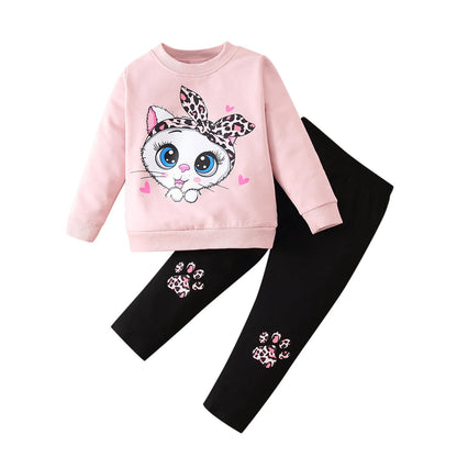 Big-eyed Cat Kids Girls Casual Clothing Set for Autumn