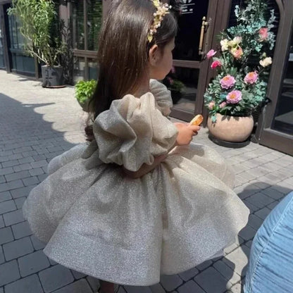 Kids Girl Shiny Puff First Communion Ruffle Dresses With Bow