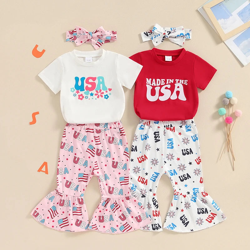 Letter Printed Shirt Floral Pant 4th of July Outfit for Baby Girl